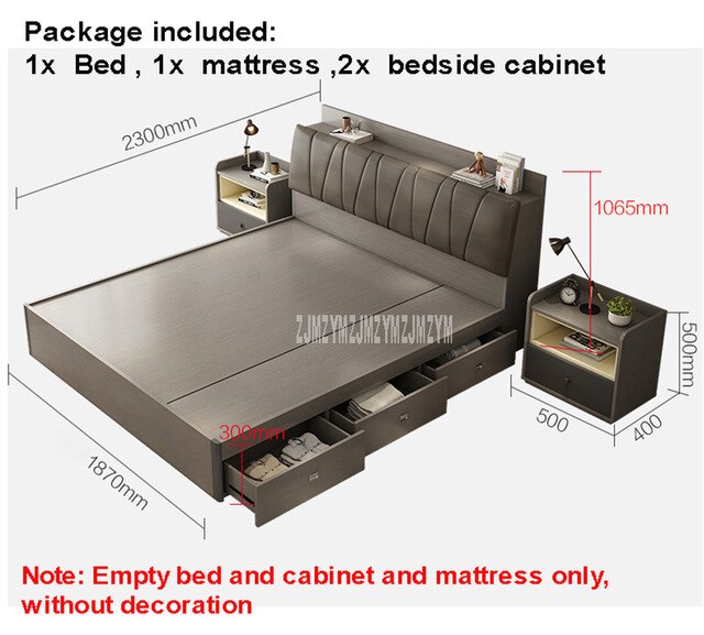 NORD Modern Wooden Bedroom Furniture With 3 Storage Drawer + High Density Sponge Mattress + Two bedside Cabinets