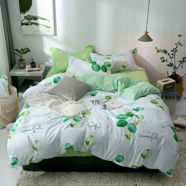 Tropical Leaf Plaids Geometric 4pcs Bed Set