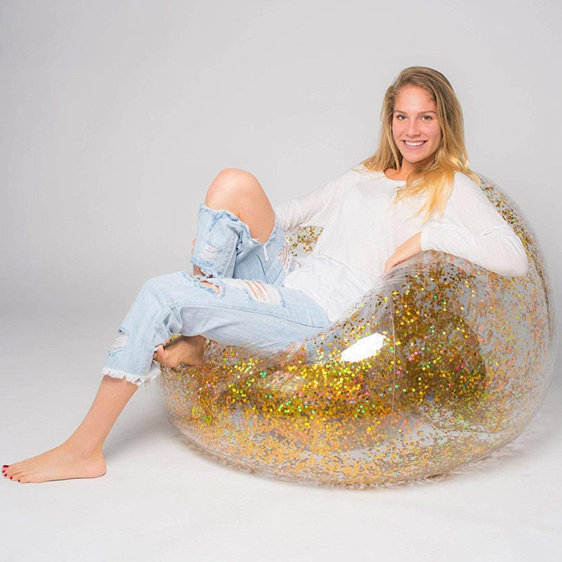 Transparent Inflatable Sofa PVC Lazy Bag with Rose Gold Glitter