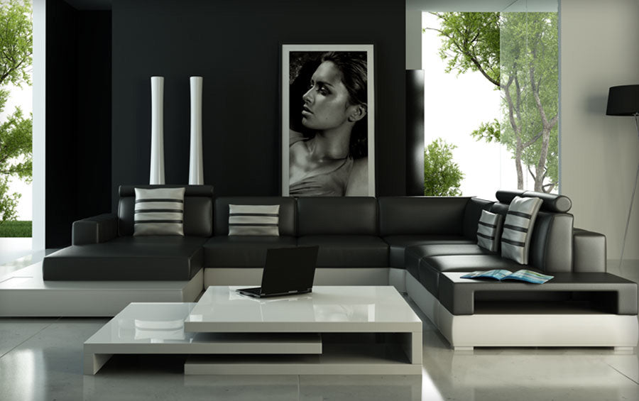 Black Living Room Leather Corner Sofa