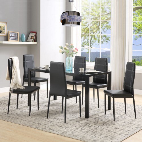 SUKU Dining Set with Rectangle Tempered Glass Table & 6 Leather Chairs 7pcs