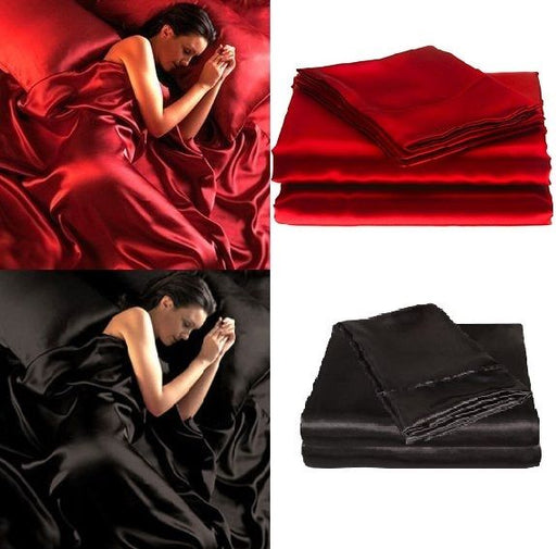 Luxury Satin Silk QUEEN Bed Fitted Bed Sheet Set - RED or BLACK
